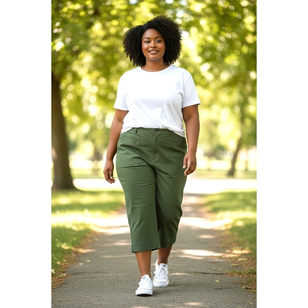 (B-70)Free Assembly Womens Green Cropped Pants 3X Elastic Waist Stretch NWT Casu